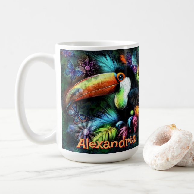 Whimsical Abstract Toucan Bird Personalised Coffee Mug (With Donut)