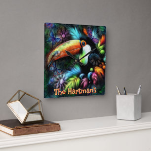 Whimsical Abstract Toucan Bird Personalised Square Wall Clock