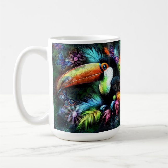 Whimsical Abstract Toucan Bird Toucans Teal Orange Coffee Mug (Left)