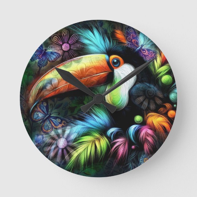 Whimsical Abstract Toucan Bird Toucans Teal Orange Round Clock (Front)