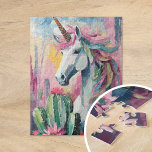 Whimsical Abstract Unicorn and Succulents Jigsaw Puzzle<br><div class="desc">A modern abstract painting featuring a whimsical unicorn surrounded by pastel-coloured cacti and succulents. The unicorn, painted in flowing lines and vibrant colours, stands out against the soft tones of blush pinks, mint greens, and pale blues in the desert plants. This playful, imaginative composition combines the mystical aura of the...</div>