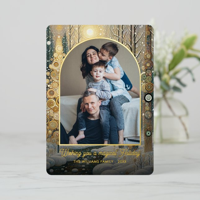 Whimsical Abstract Winter Wonderland Art Gold Foil Holiday Card (Standing Front)