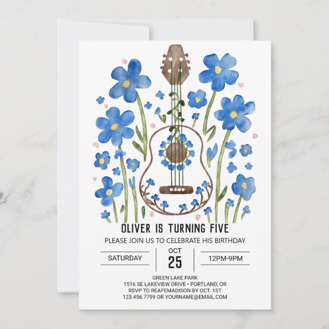 Whimsical Acoustic Guitar Boy Birthday Invitation (Front)