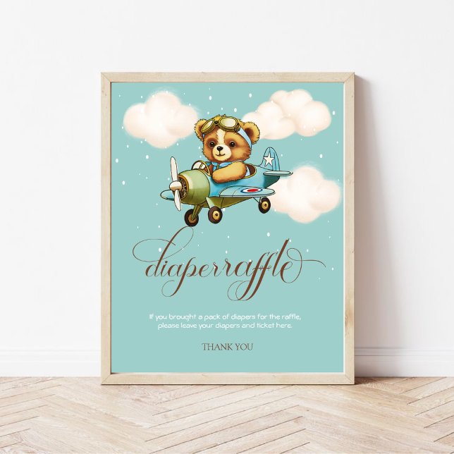 Whimsical Aeroplane Teddy bear Diaper Raffle Poster (Whimsical Airplane Teddy bear Diaper Raffle Poster)