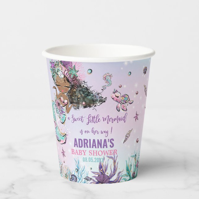 Whimsical African Brown Skin Mermaid Baby Shower Paper Cups (Front)