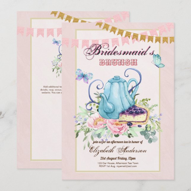 Whimsical Afternoon Tea Bridesmaids Brunch Lunch  Invitation (Front/Back)