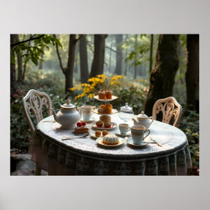 Whimsical Afternoon Tea Setup In Mystical Forest Poster