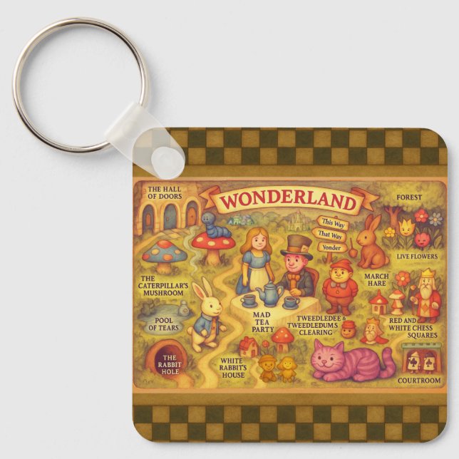 Whimsical Alice Adventures in Wonderland Map Key Ring (Front)
