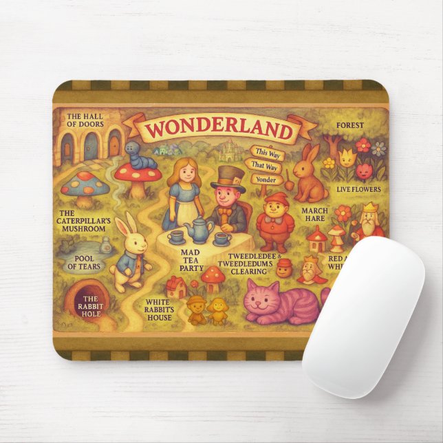 Whimsical Alice Adventures in Wonderland Map Mouse Mat (With Mouse)