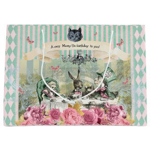 Whimsical Alice blue striped floral unbirthday  Large Gift Bag