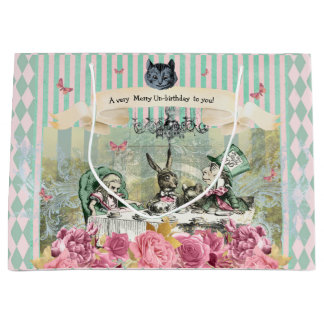 Whimsical Alice blue striped floral unbirthday  Large Gift Bag
