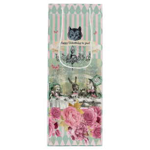 Whimsical Alice blue striped floral  Wine Gift Bag