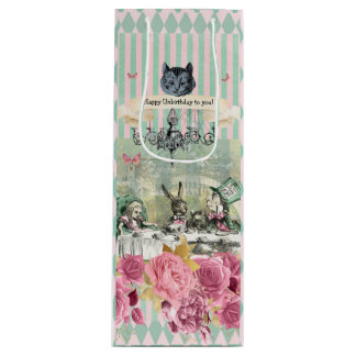 Whimsical Alice blue striped floral Wine Gift Bag