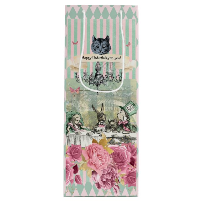 Whimsical Alice blue striped floral  Wine Gift Bag (Front)