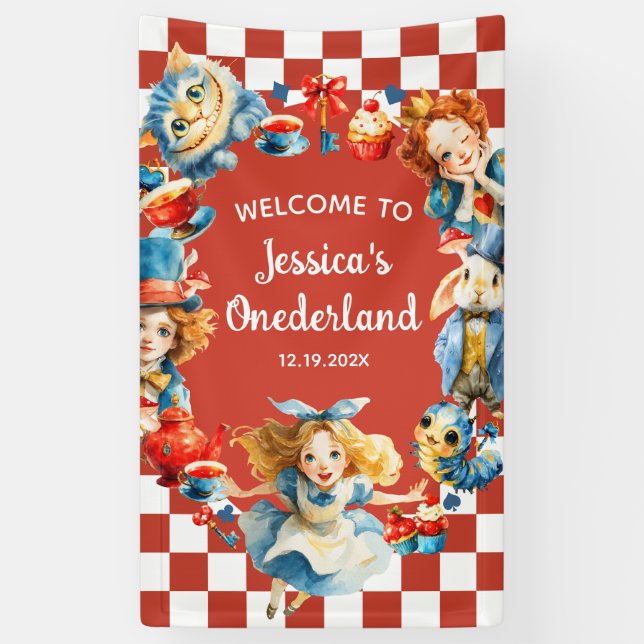 Whimsical Alice in ONEDERLAND 1st Birthday WELCOME Banner (Vertical)