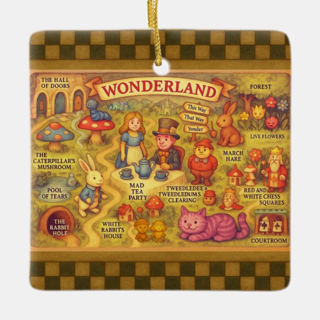 Whimsical Alice in Wonderland Map Ceramic Ornament (Front)