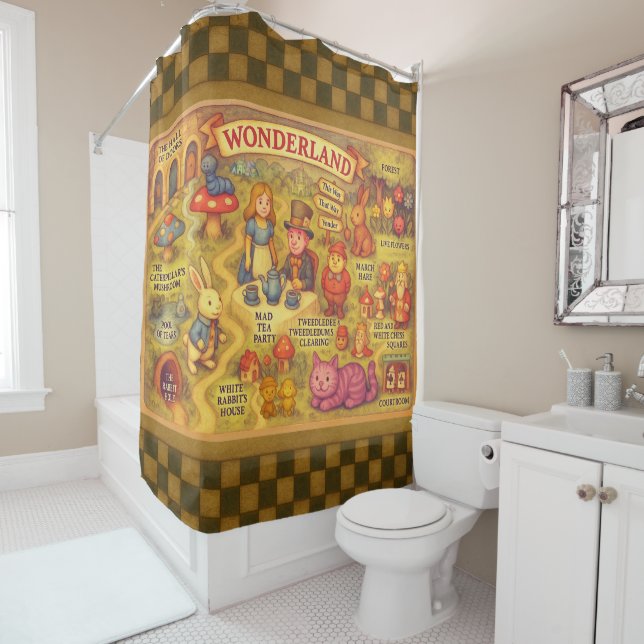 Whimsical Alice in Wonderland Map Shower Curtain (In Situ)