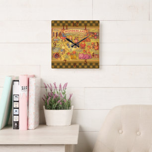 Whimsical Alice in Wonderland Map Square Wall Clock