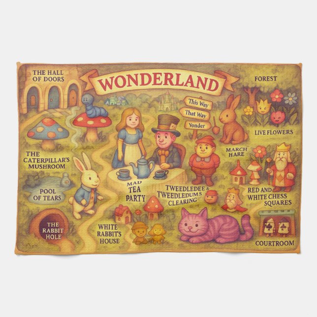 Whimsical Alice in Wonderland Map Tea Towel (Horizontal)