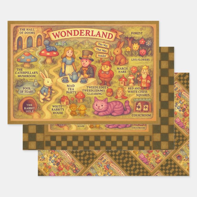 Whimsical Alice in Wonderland Map Wrapping Paper Sheet (Set)