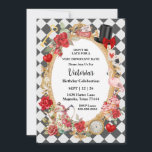 Whimsical Alice Mad Hatter Wonderland Birthday Invitation<br><div class="desc">Invite your guests down the rabbit hole with this enchanting Alice in Wonderland–inspired birthday invitation! Designed with a bold black and red colour palette, it features a whimsical mix of chequerboard patterns, red roses, cupcakes, teapot, rabbit, the Mad Hatter’s hat, and a classic pocket watch. Perfect for tea party celebration....</div>
