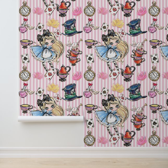 Whimsical Alice Tea Party Pink Stripes Wallpaper (Application)
