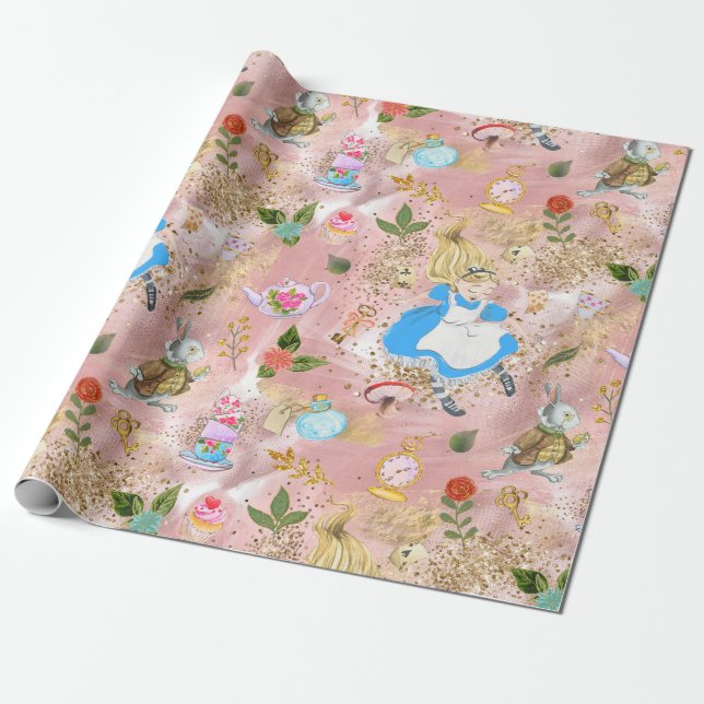 Whimsical Alice's Adventures in Wonderland Blush Wrapping Paper (Unrolled)