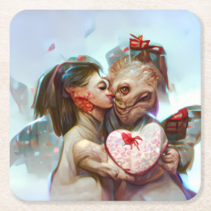 Whimsical Alien Romance Square Paper Coaster