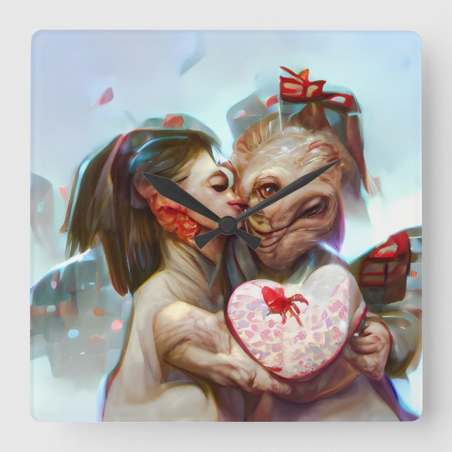 Whimsical Alien Romance Square Wall Clock (Front)