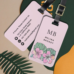 Whimsical Aloha Summer Flowers Monogram Girly Pink Luggage Tag