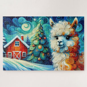 Whimsical Alpaca Christmas Tree and Barn Christmas Jigsaw Puzzle