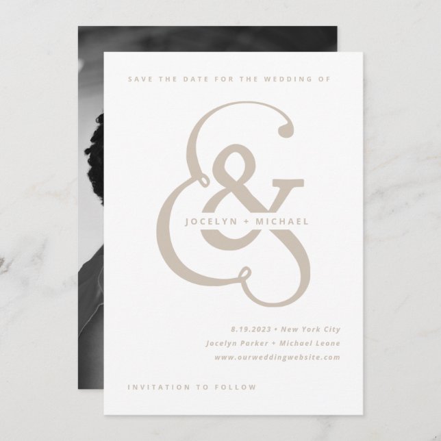 Whimsical Ampersand | White and Beige Photo Back Save The Date (Front/Back)