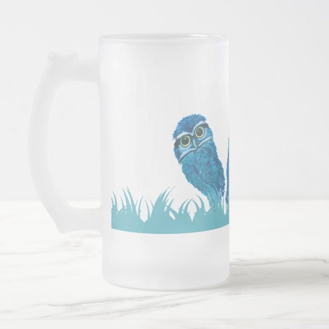 Whimsical and Adorable Blue Burrowing Owl Art Frosted Glass Beer Mug (Left)