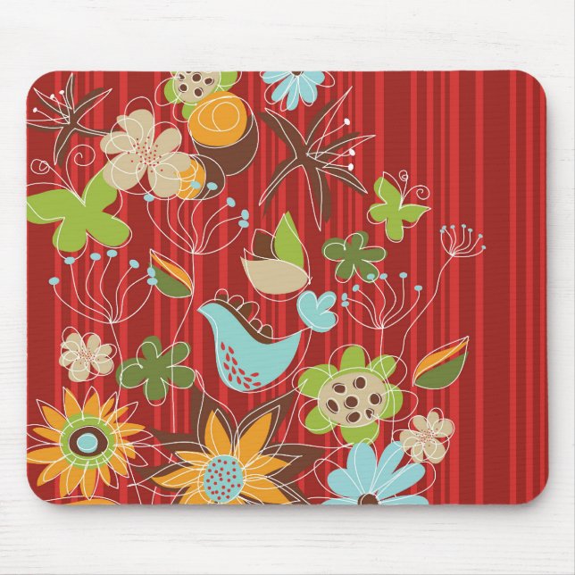 Whimsical And Chic Floral Garden On Red Stripes Mouse Mat (Front)