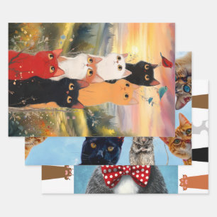 Whimsical and Colourful Cat Assortment Wrapping Paper Sheet