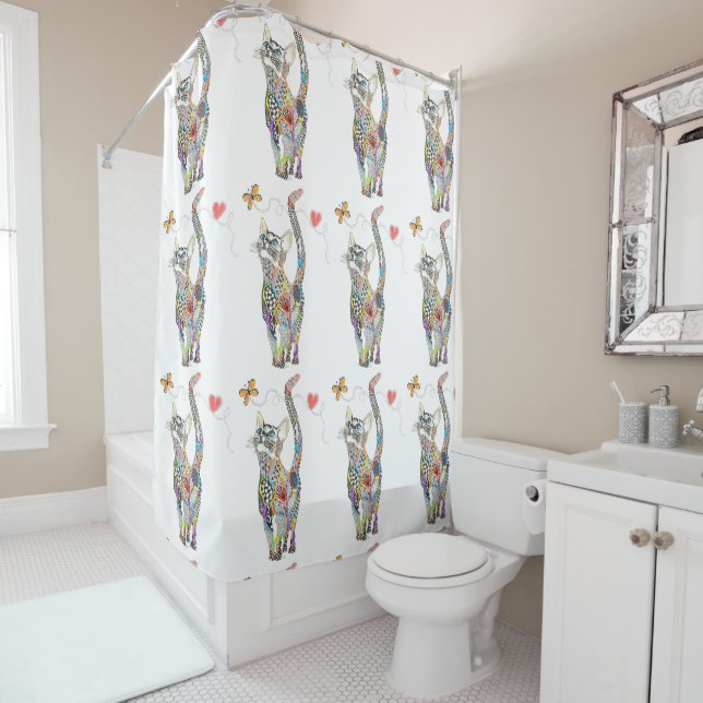 Whimsical and Colourful Cat Shower Curtain (In Situ)