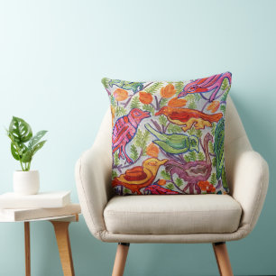 Whimsical and Colourful Floral Bird Throw Pillow