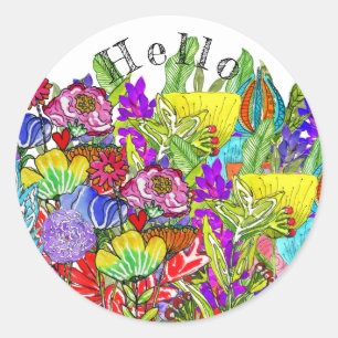 Whimsical and Colourful Flower Assortment Hello Classic Round Sticker