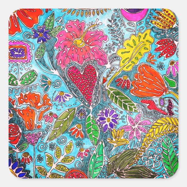 Whimsical and Colourful Flower Assortment  Square Sticker (Front)