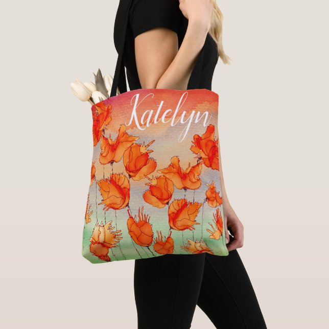 Whimsical and Colourful Orange Poppies Tote Bag (Close Up)