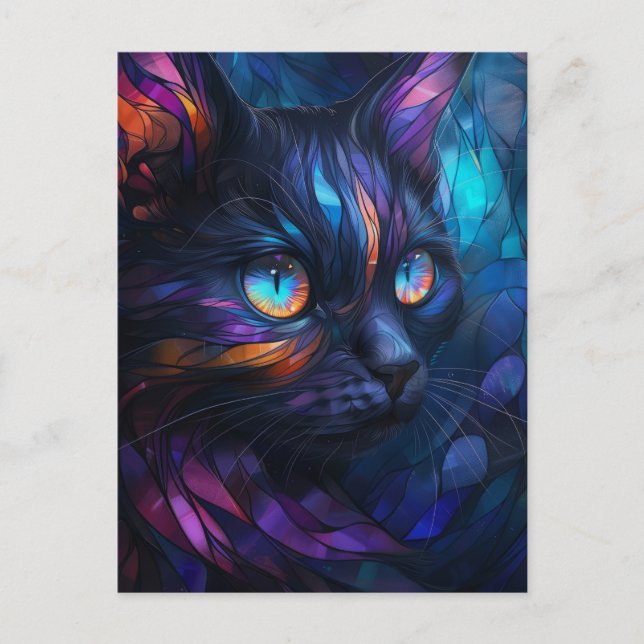 Whimsical and Colourful Stained Glass Cat Postcard (Front)
