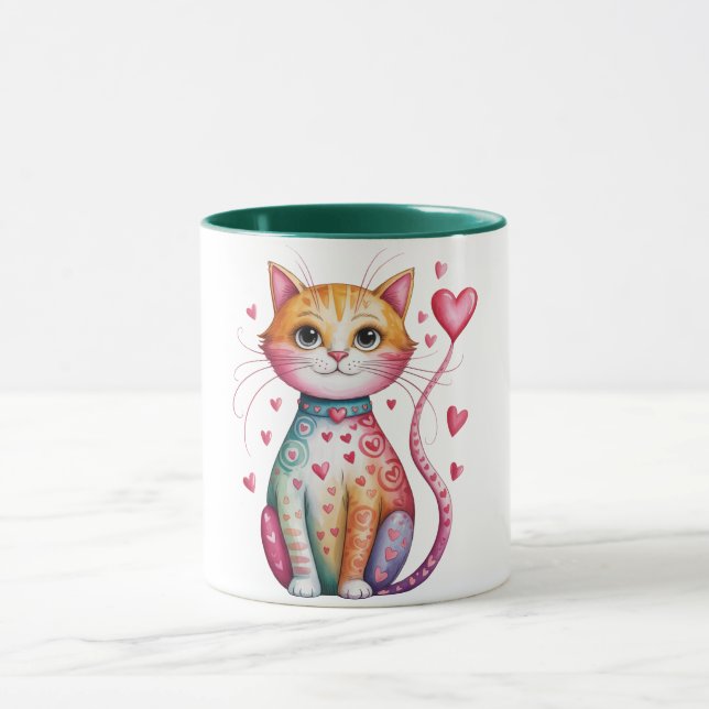 Whimsical and heartwarming kitty with hearts mug (Center)