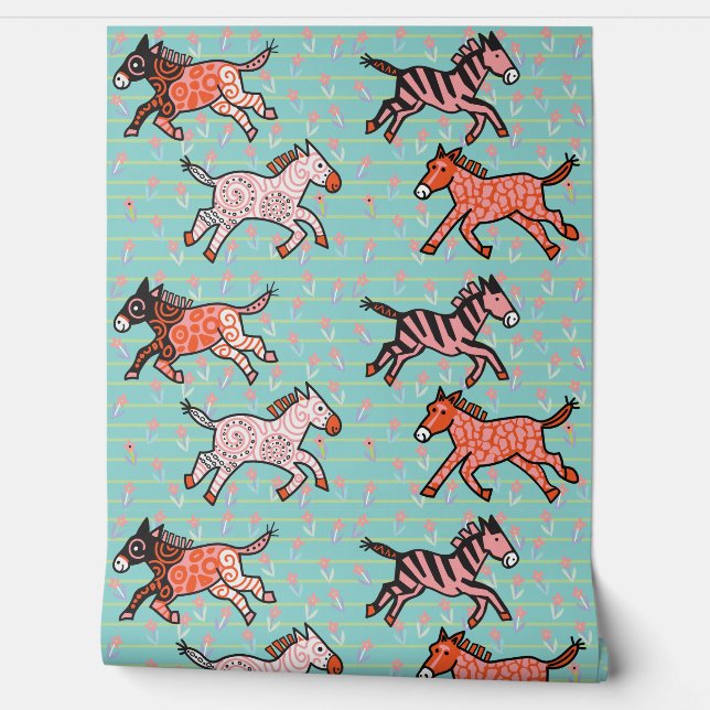 Whimsical and playful stylised zebras wallpaper (Unrolling)