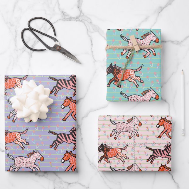 Whimsical and playful stylised zebras wrapping paper sheet (Front)