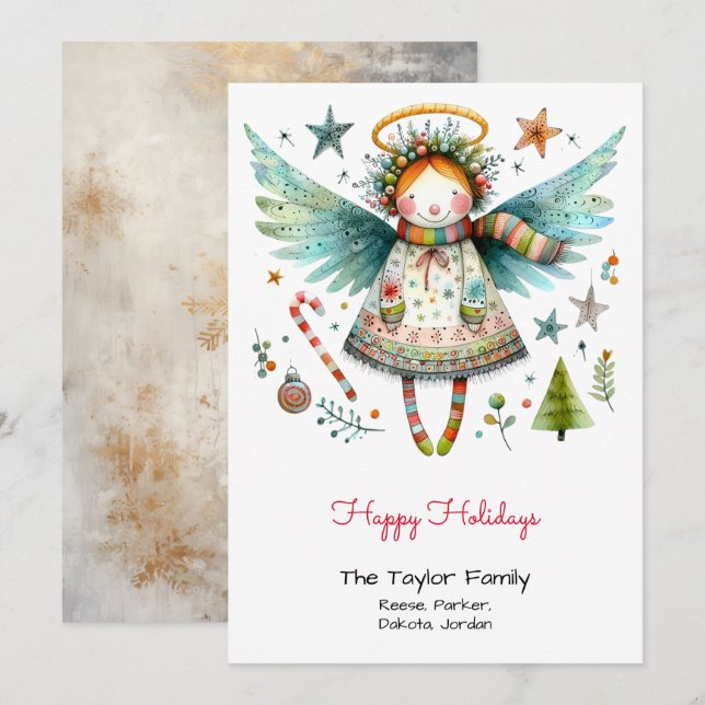 Whimsical Angel Illustration Happy Holidays Holiday Card (Front/Back)