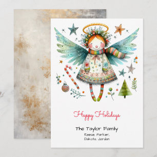 Whimsical Angel Illustration Happy Holidays Holiday Card