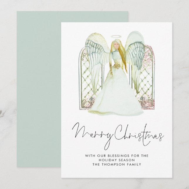 Whimsical Angel Merry Christmas Script Holiday Card (Front/Back)