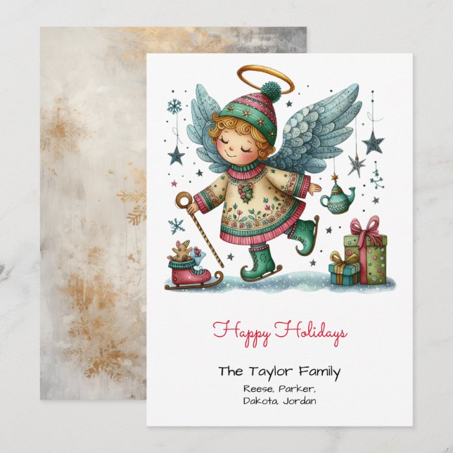 Whimsical Angel on Ice Skates Illustration Happy  Holiday Card (Front/Back)