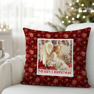 Whimsical Angel Poinsettia Christmas Pillow Gift