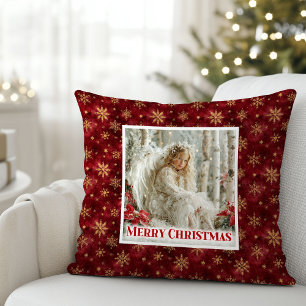 Whimsical Angel Red Gold Custom Name Christmas Cushion
